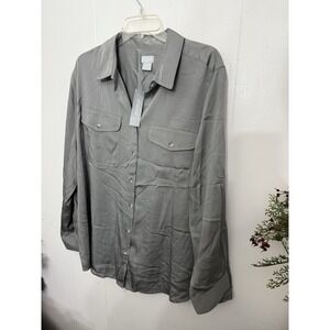Chico's 4 Sandwashed Satin Blouse Shirt Gray $85 NWT